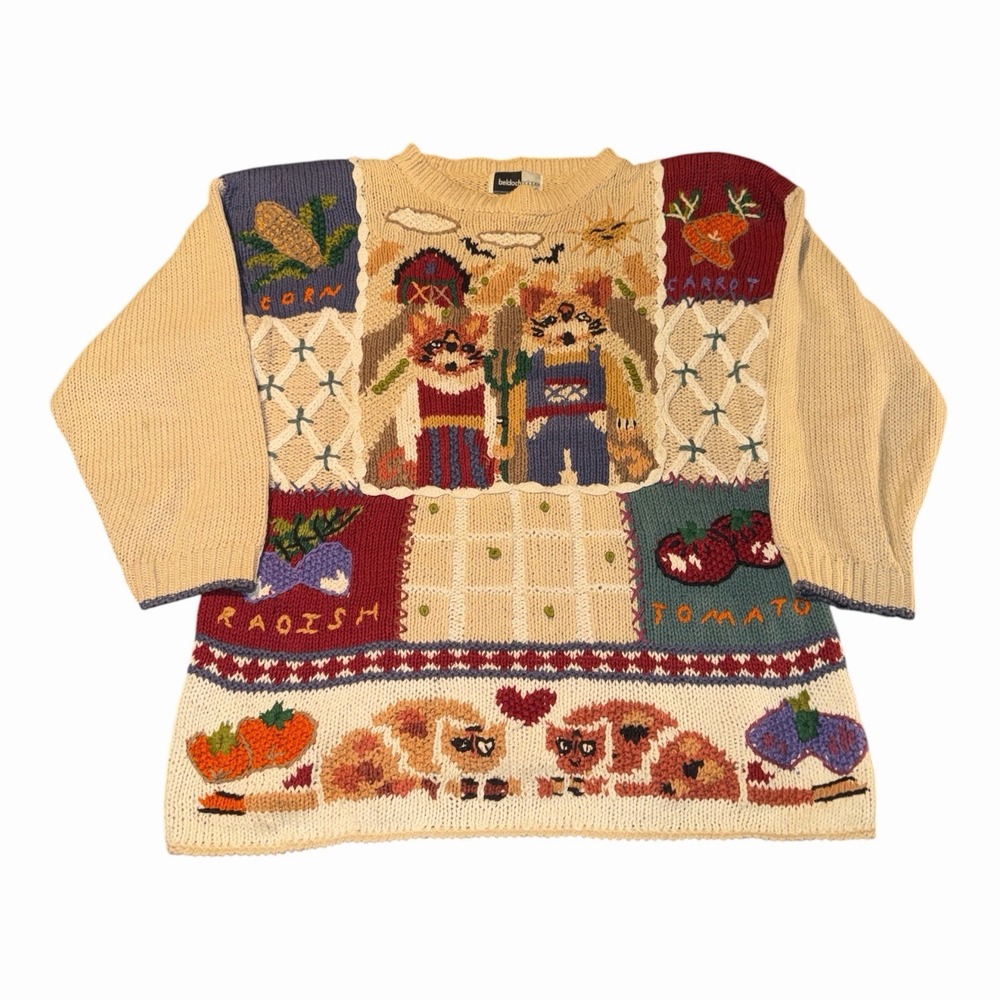 Vintage Cat Garden Patchwork Sweater L Cottagecore Beldoch Popper Ramie Cotton
